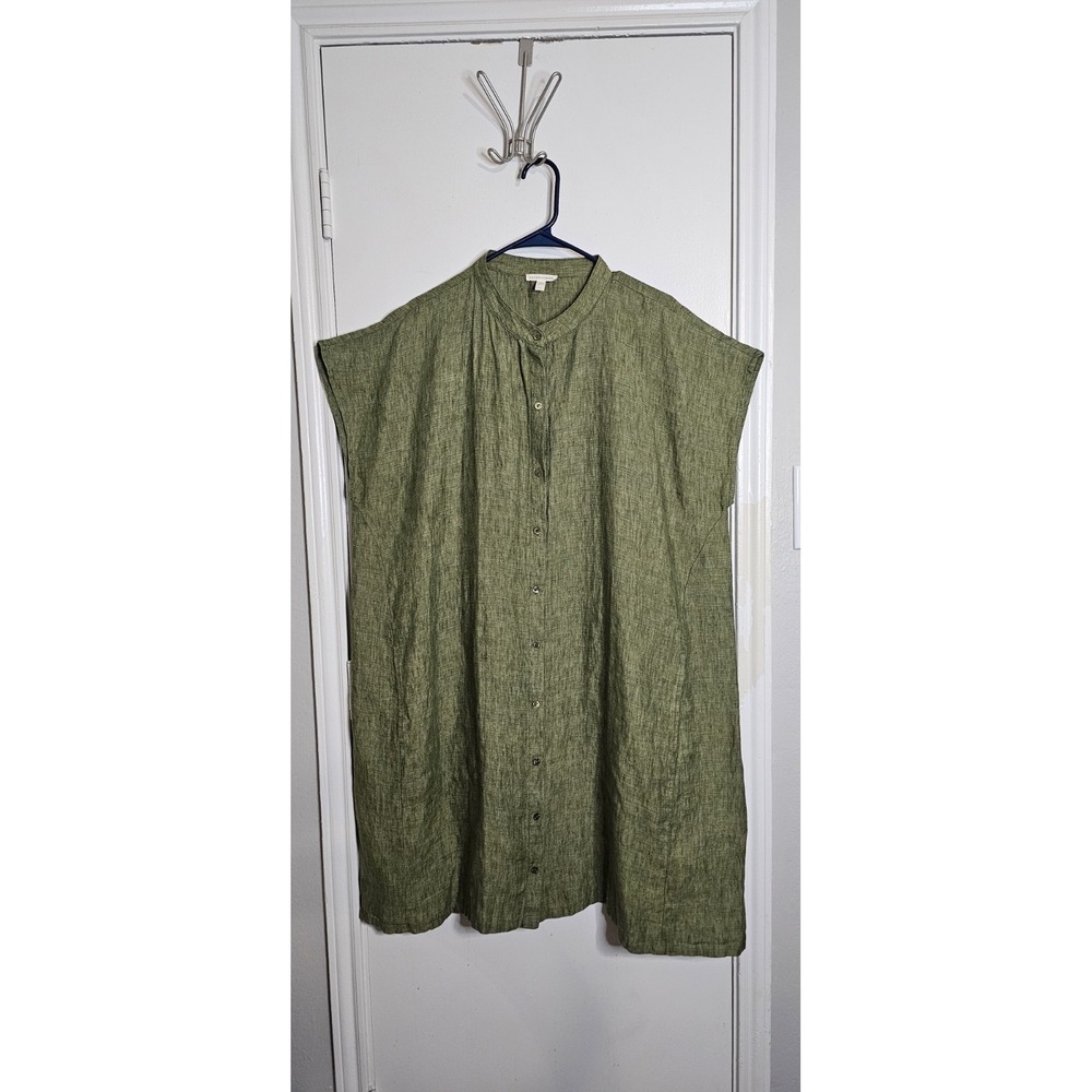 Eileen Fisher Shirt Dress 2X Womens 100% Organic Linen Button Down Green Resort - Picture 2 of 8